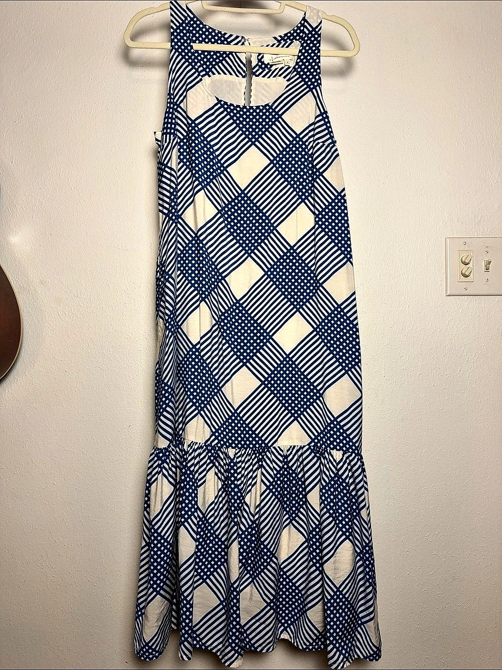 Anthropologie Geometric Maxi Dress in Blue & White Size Small